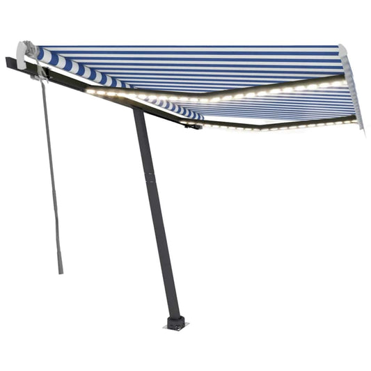 Toldo retrátil manual com LED 350x250 cm azul e branco