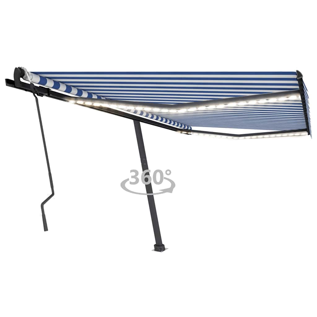 Toldo retrátil manual com LED 450x300 cm azul e branco