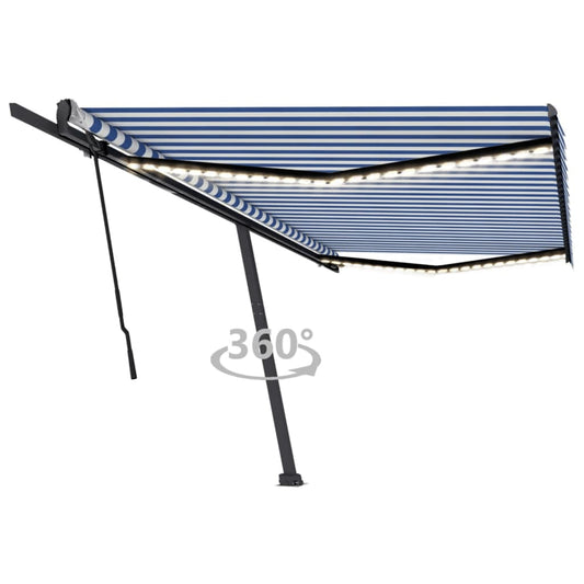 Toldo retrátil manual com LED 500x300 cm azul e branco