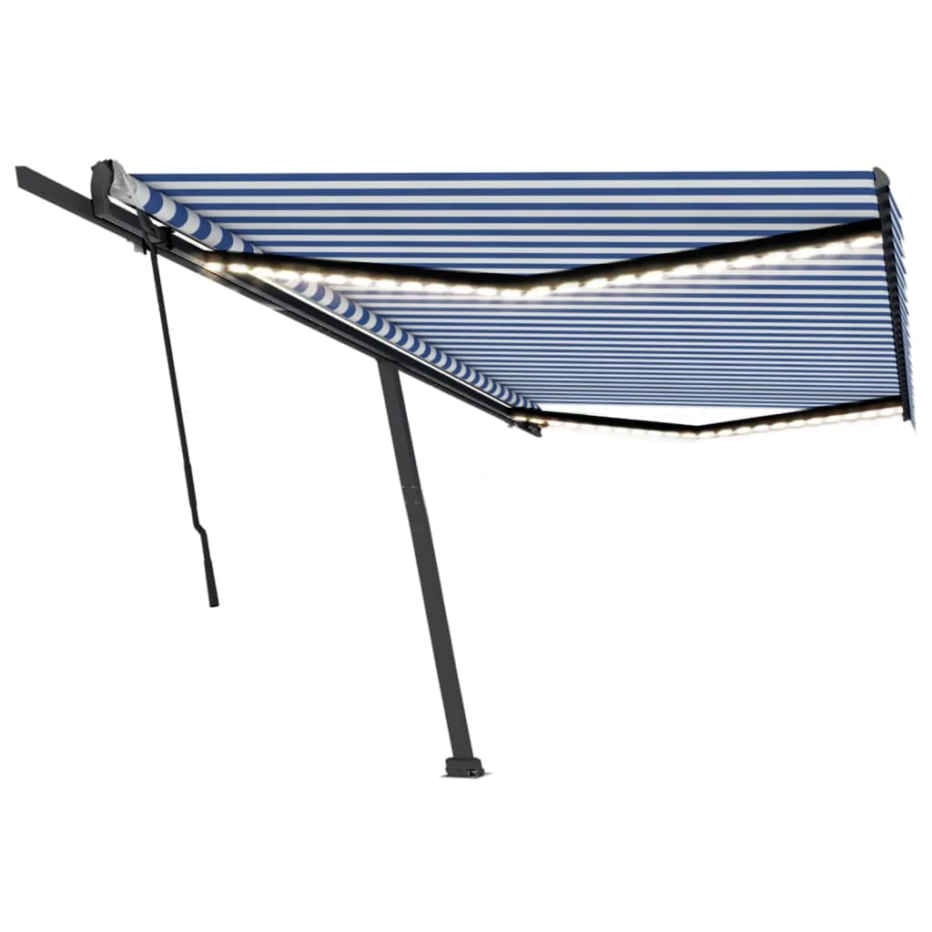 Toldo retrátil manual com LED 500x300 cm azul e branco