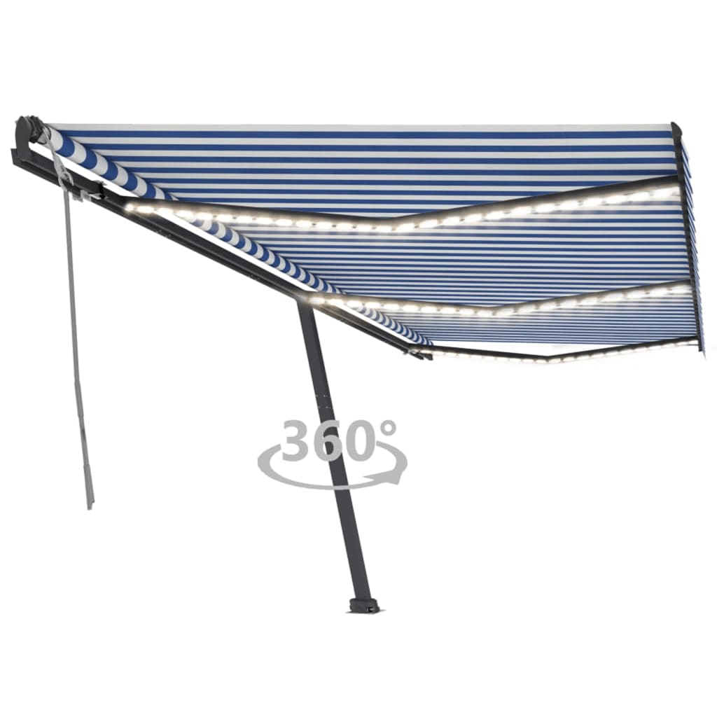 Toldo retrátil manual com LED 600x300 cm azul e branco