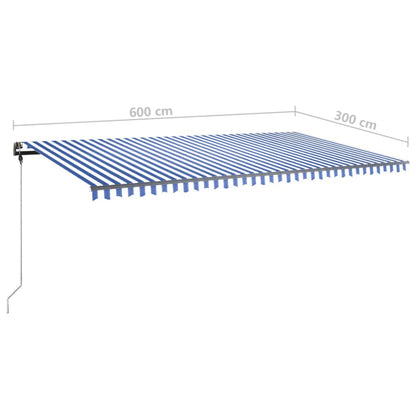 Toldo retrátil manual com LED 600x300 cm azul e branco