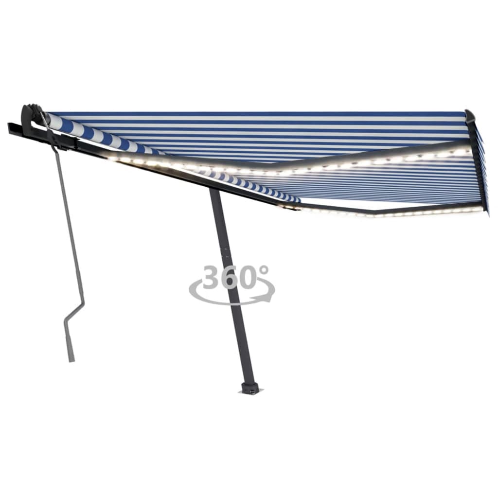 Toldo retrátil manual com LED 400x350 cm azul e branco