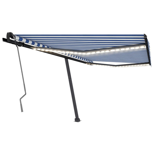 Toldo retrátil manual com LED 400x350 cm azul e branco