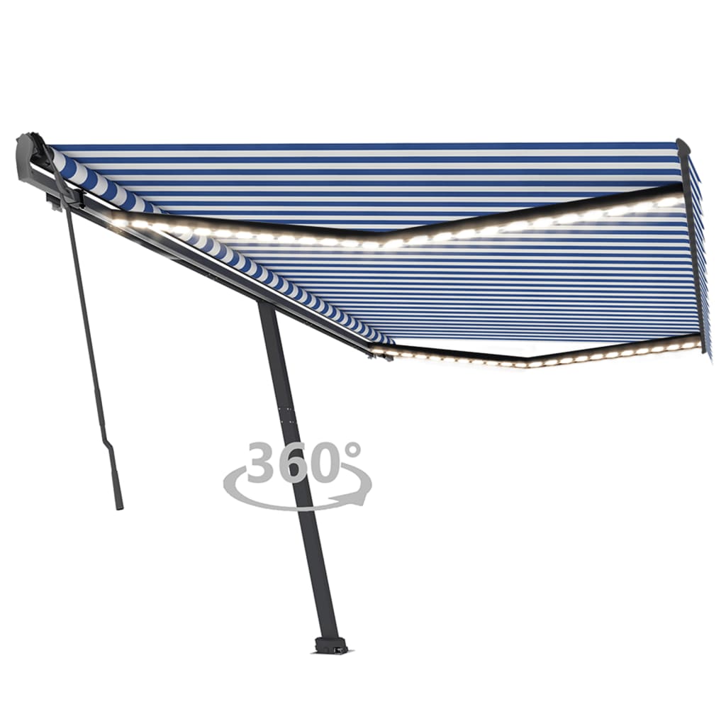 Toldo retrátil manual com LED 500x350 cm azul e branco