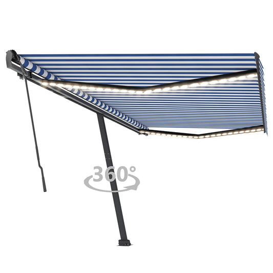 Toldo retrátil manual com LED 500x350 cm azul e branco