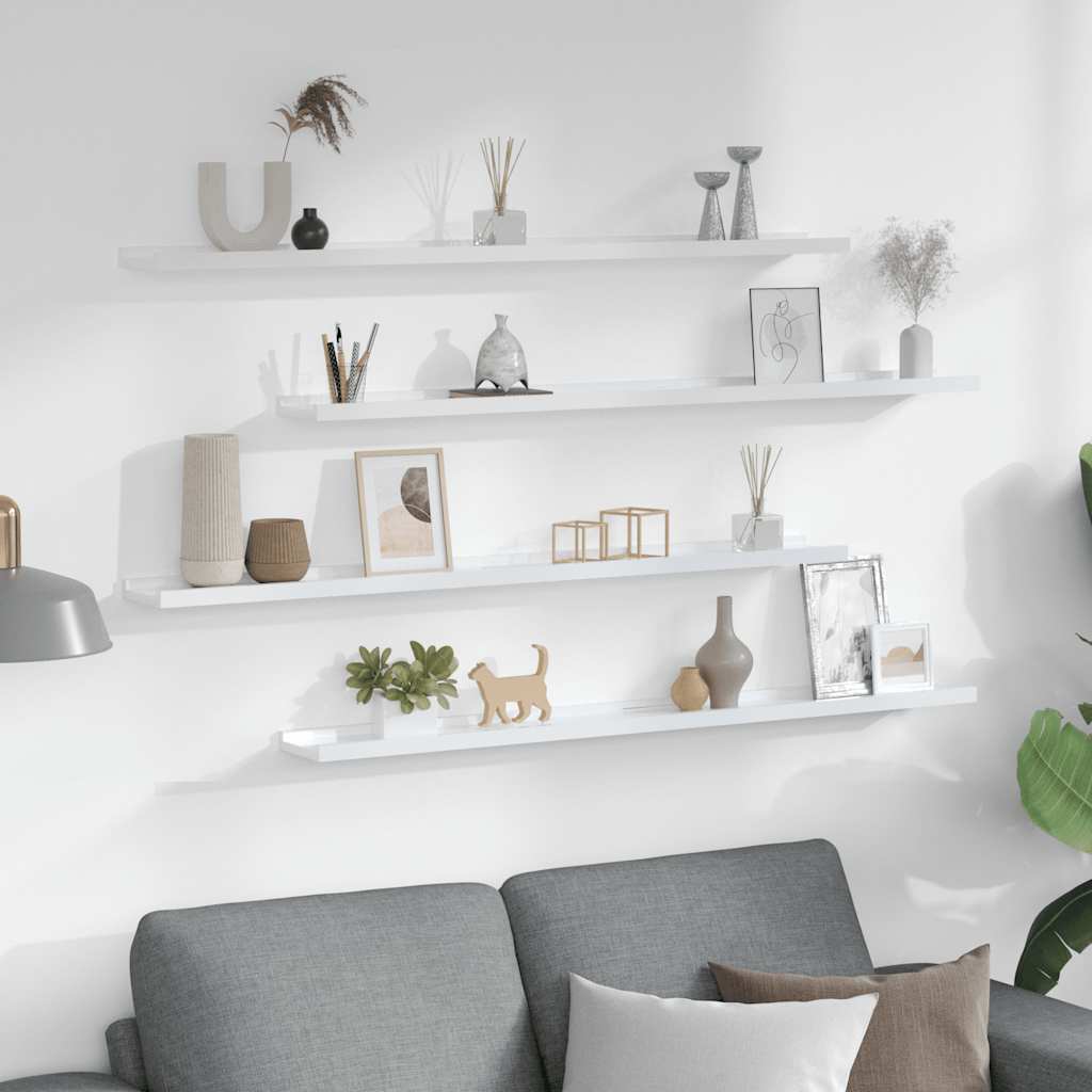 Prateleiras de parede 4 pcs 100x9x3 cm branco brilhante