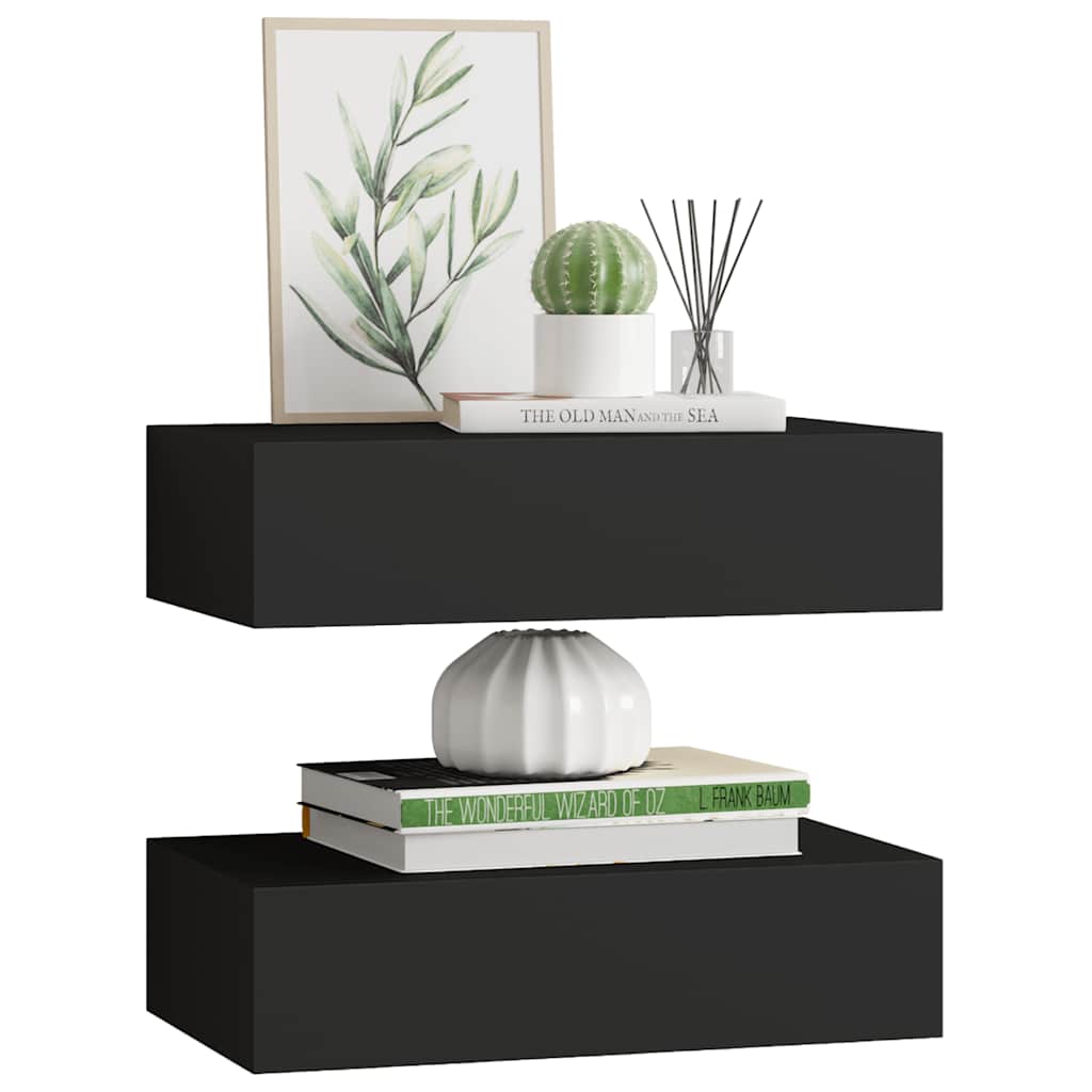 Prateleiras de parede com gavetas 2 pcs MDF 40x23,5x10 cm preto
