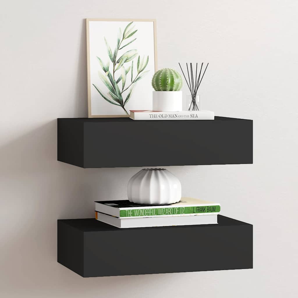 Prateleiras de parede com gavetas 2 pcs MDF 40x23,5x10 cm preto