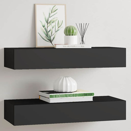 Prateleiras de parede c/ gavetas 2 pcs MDF 60x23,5x10 cm preto