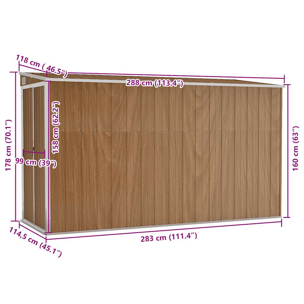 Abrigo de jardim de parede castanho 118x288x178 cm aço galvanizado