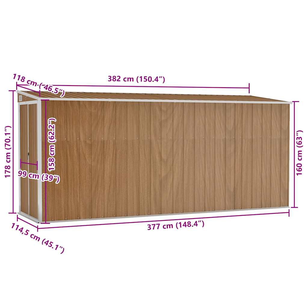 Abrigo de jardim de parede castanho 118x382x178 cm aço galvanizado