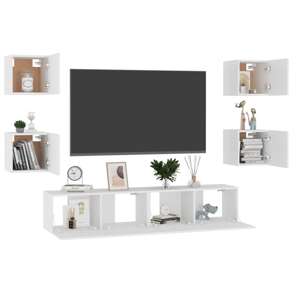 Conjunto de móveis de TV derivados de madeira branco, 6 pcs
