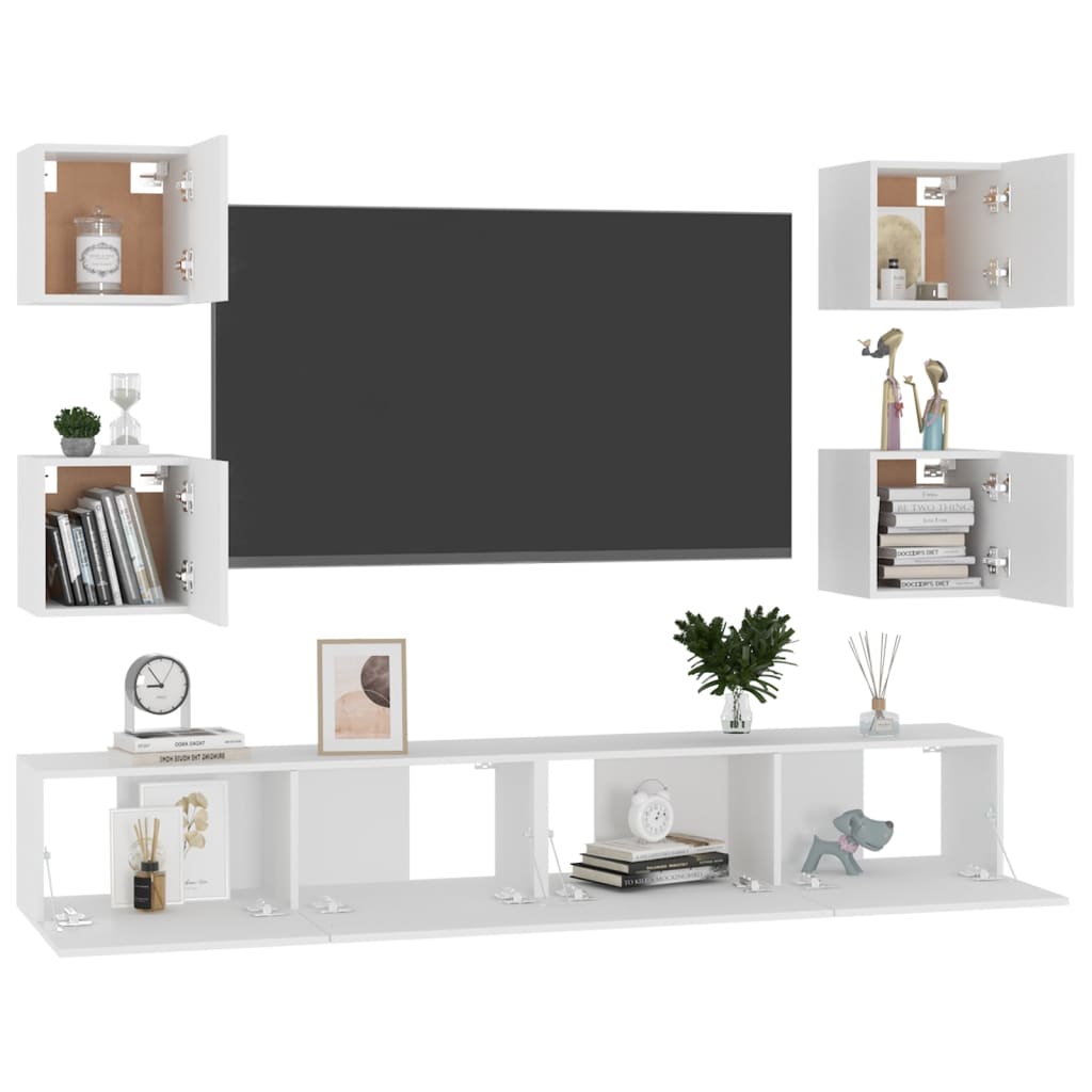 Conjunto de móveis de TV derivados de madeira branco, 6 pcs