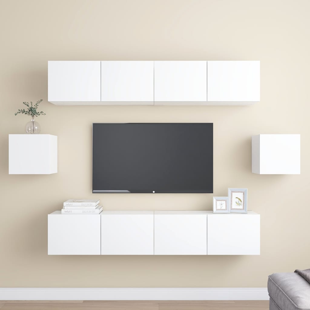 Conjunto de móveis de TV derivados de madeira branco, 6 pcs