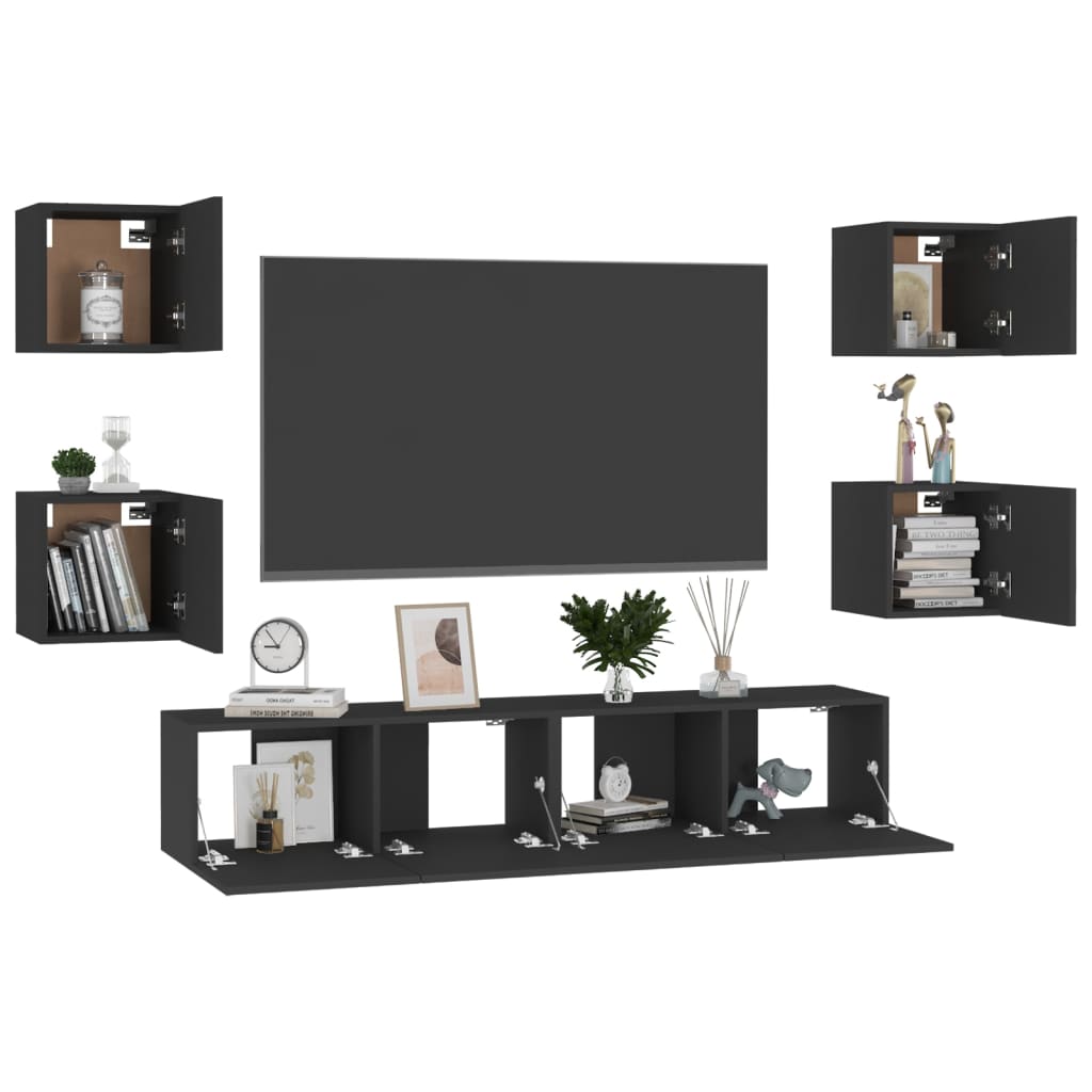 Conjunto de móveis de TV derivados de madeira preto, 6 pcs