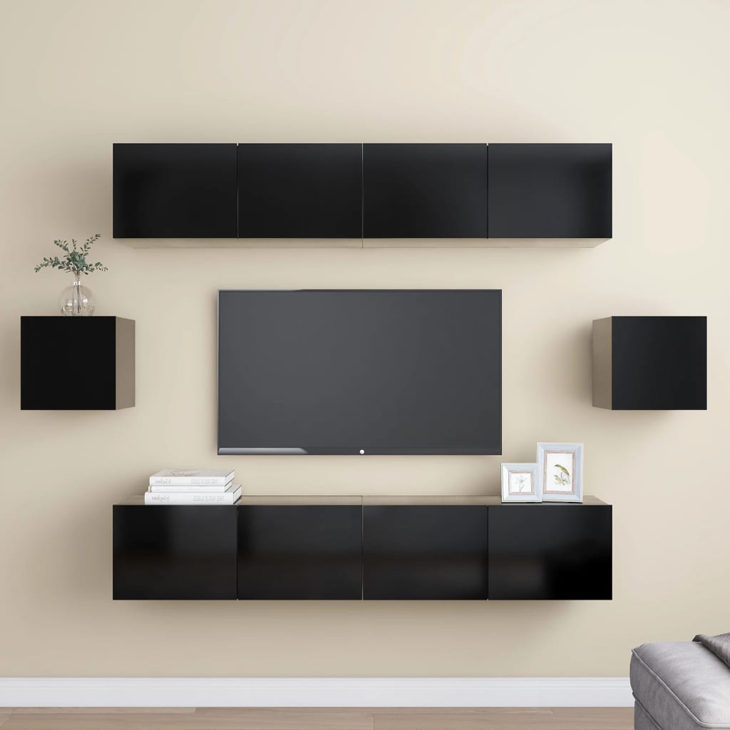 Conjunto de móveis de TV de madeira preto, 6 pcs