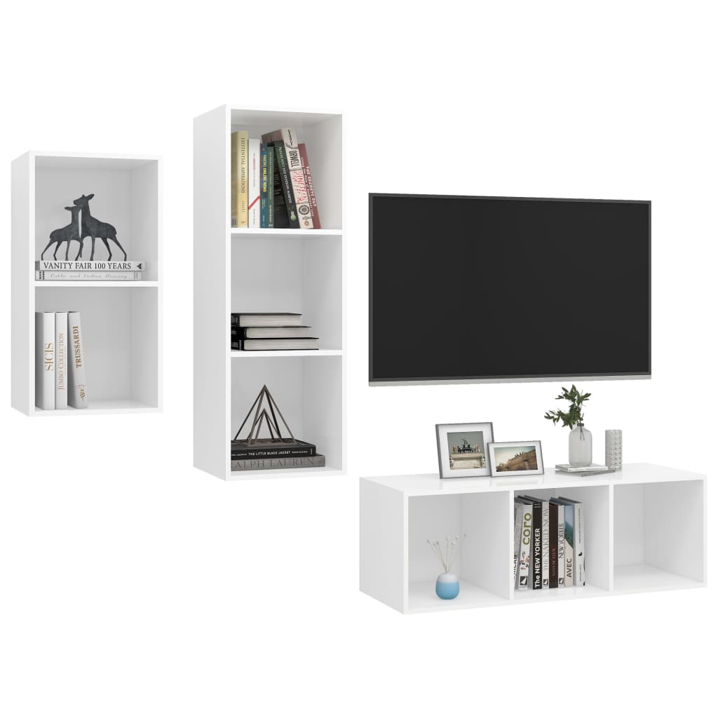 Conjunto de móveis de TV contraplacado branco, 3 pcs