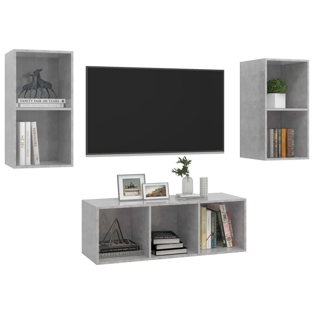 Conjunto de móveis de TV contraplacado cinzento cimento, 3 pcs