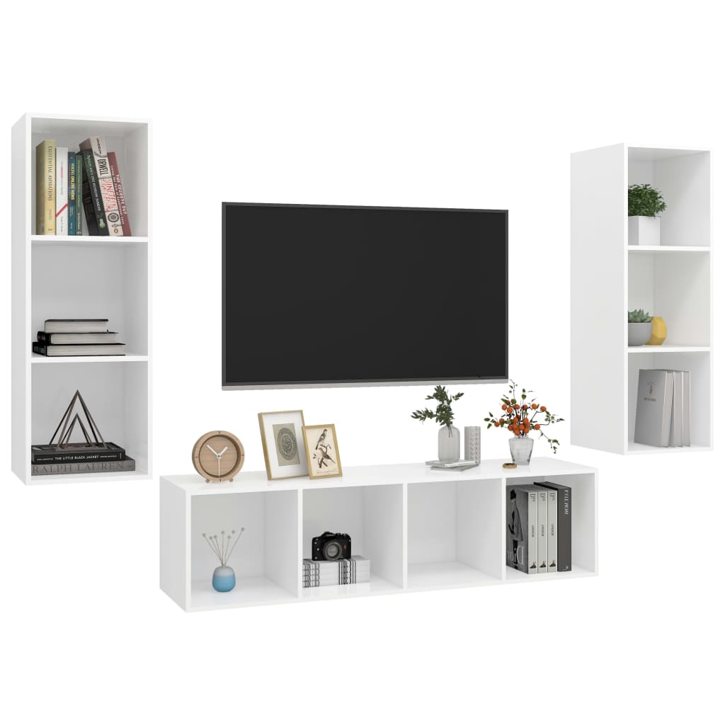 Conjunto de móveis de TV contraplacado branco, 3 pcs