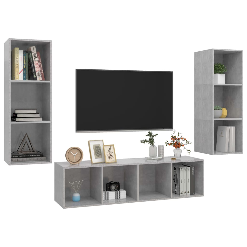 Conjunto de móveis de TV contraplacado cinzento cimento, 3 pcs