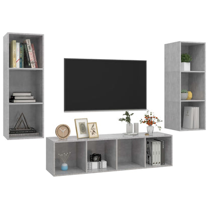 Conjunto de móveis de TV contraplacado cinzento cimento, 3 pcs