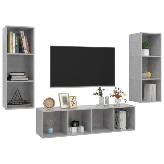 Conjunto de móveis de TV contraplacado cinzento cimento, 3 pcs