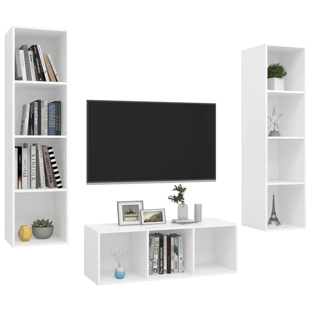 Conjunto de móveis de TV contraplacado branco, 3 pcs