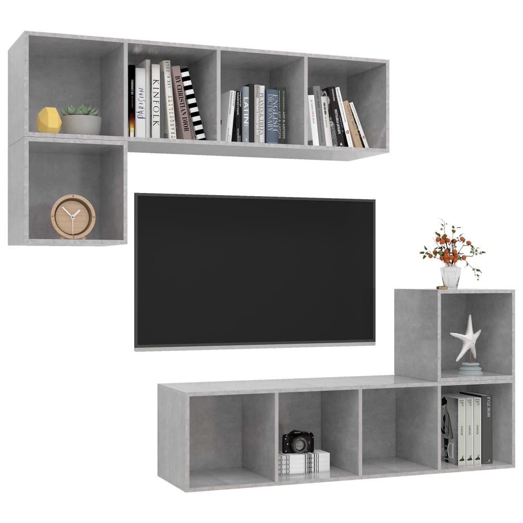 Conjunto de móveis de TV contraplacado cinzento cimento, 4 pcs