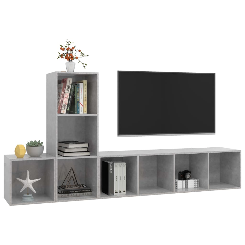 Conjunto de móveis de TV contraplacado cinzento cimento, 3 pcs