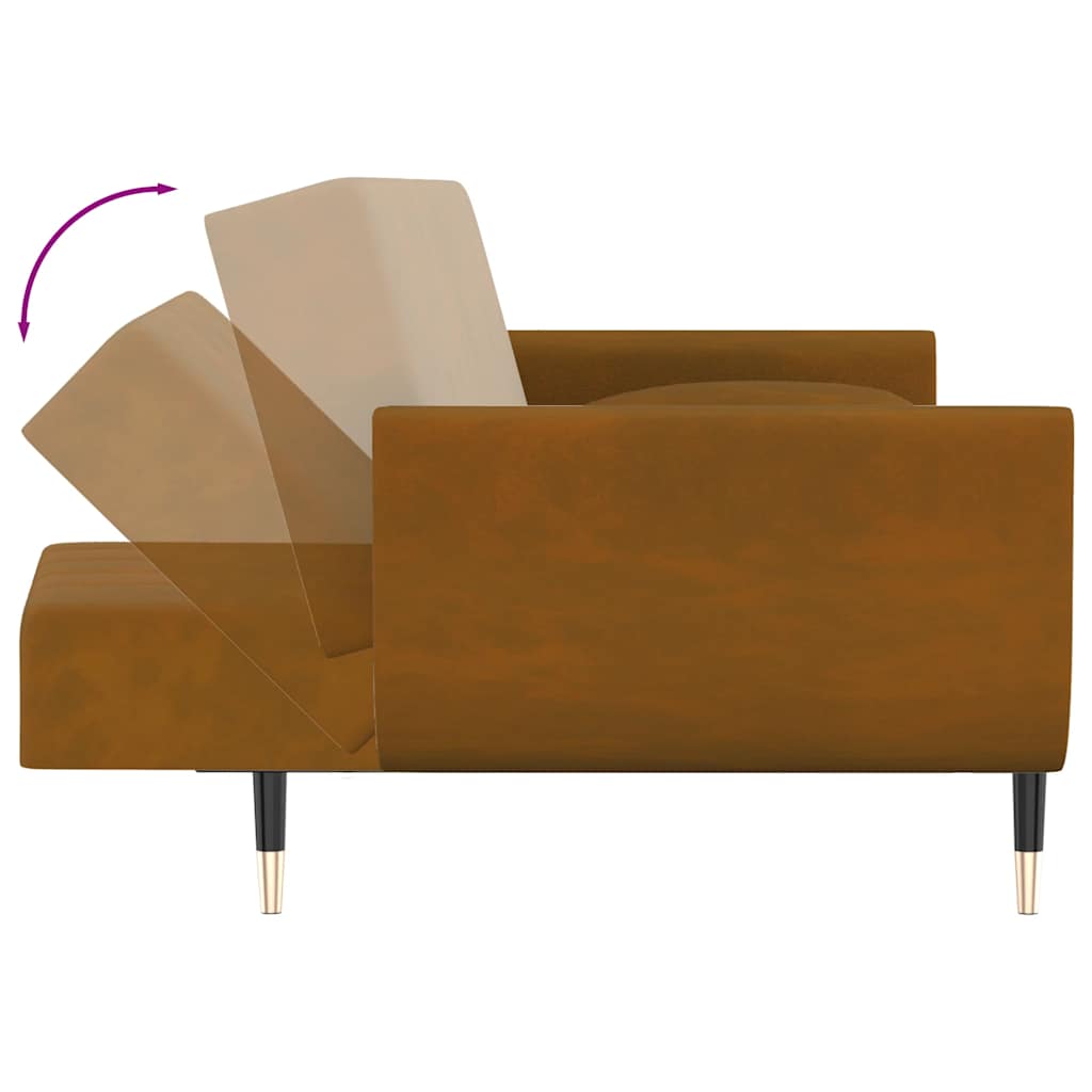 Sofá-cama 2 lugares com duas almofadas veludo castanho