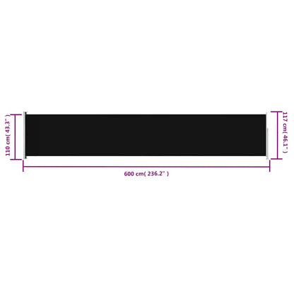 Toldo lateral retrátil para pátio 117x600 cm preto