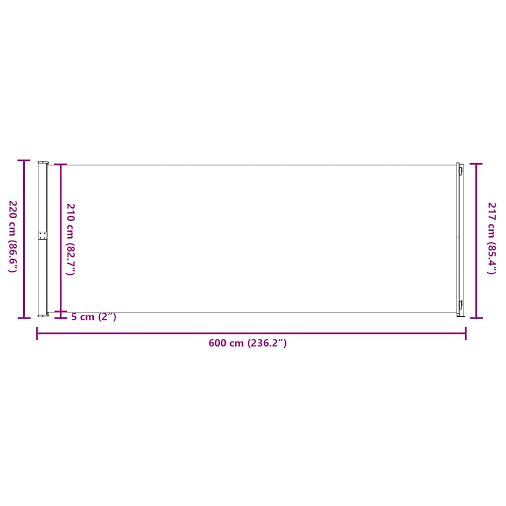 Toldo lateral retrátil para pátio 220x600 cm preto