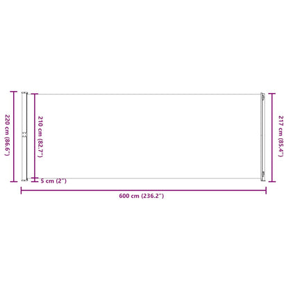 Toldo lateral retrátil para pátio 220x600 cm cinzento