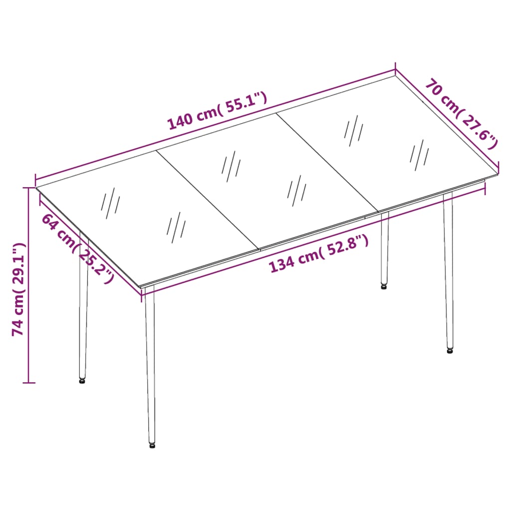 Mesa de jantar para jardim 140x70x74 cm aço e vidro preto