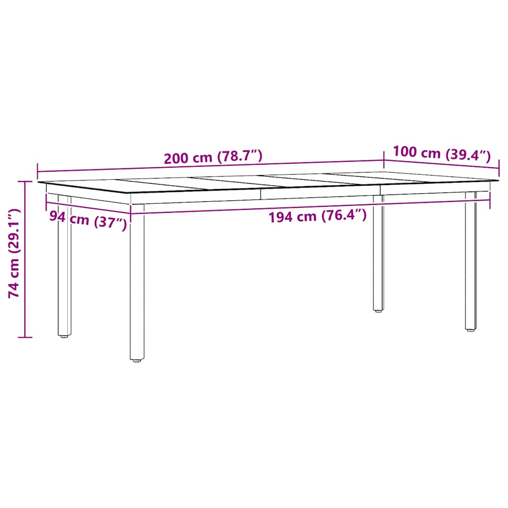 Mesa de jantar para jardim 200x100x74 cm aço e vidro preto