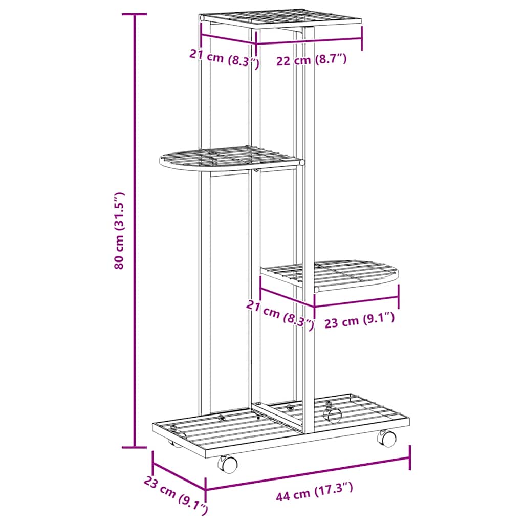 Suporte vasos c/ 4 prateleiras e rodas 44x23x80 cm ferro preto