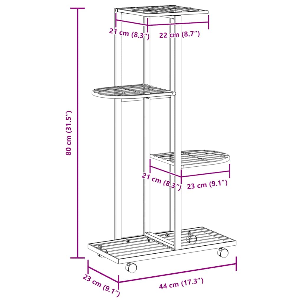 Suporte vasos c/ 4 prateleiras e rodas 44x23x80 cm ferro branco