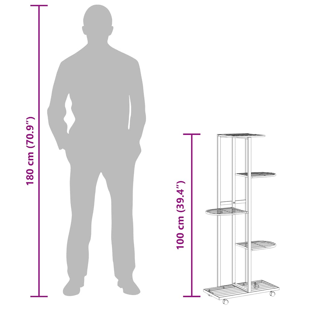 Suporte vasos c/ 5 prateleiras/rodas 44x23x100 cm ferro preto