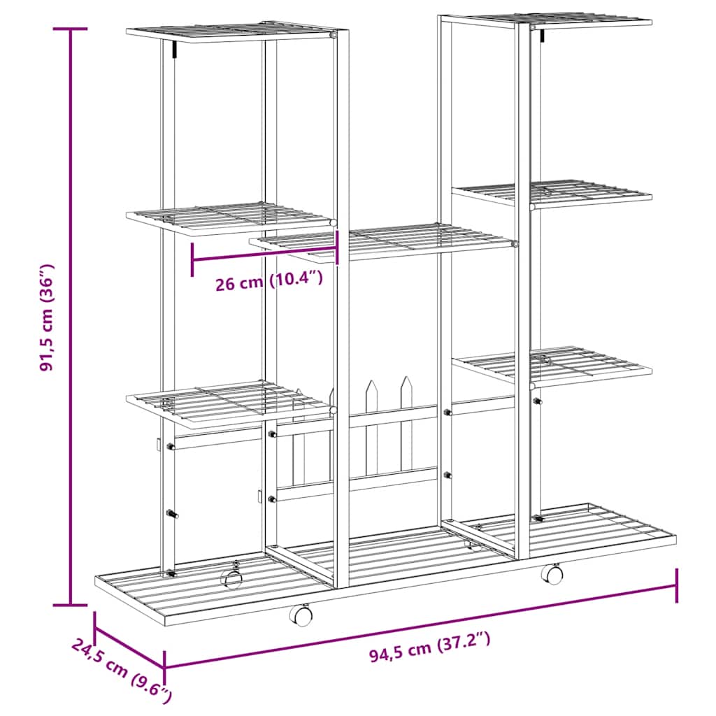 Suporte de vasos c/ rodas 94,5x24,5x91,5 cm ferro preto