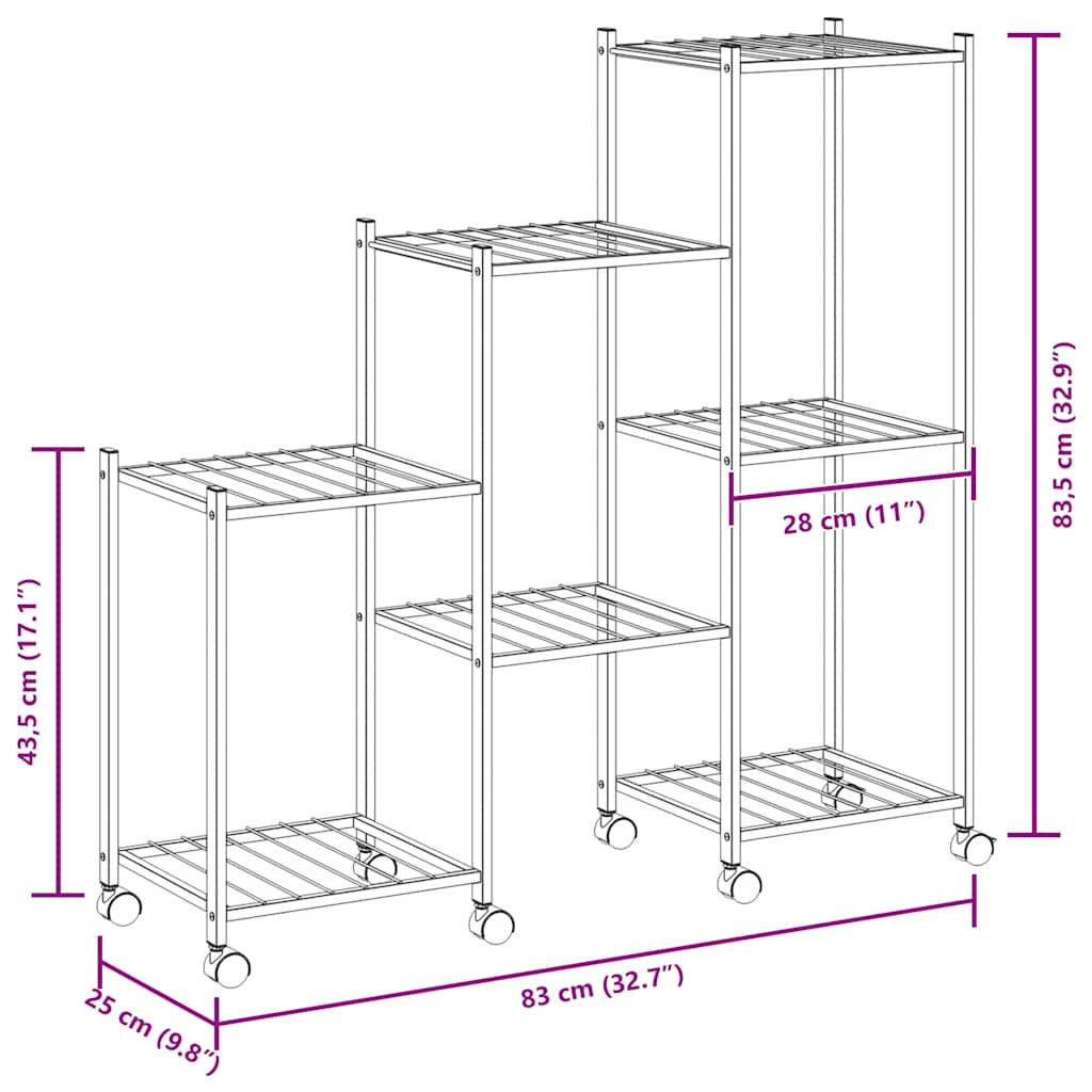 Suporte de vasos c/ rodas 83x25x83,5 cm ferro preto