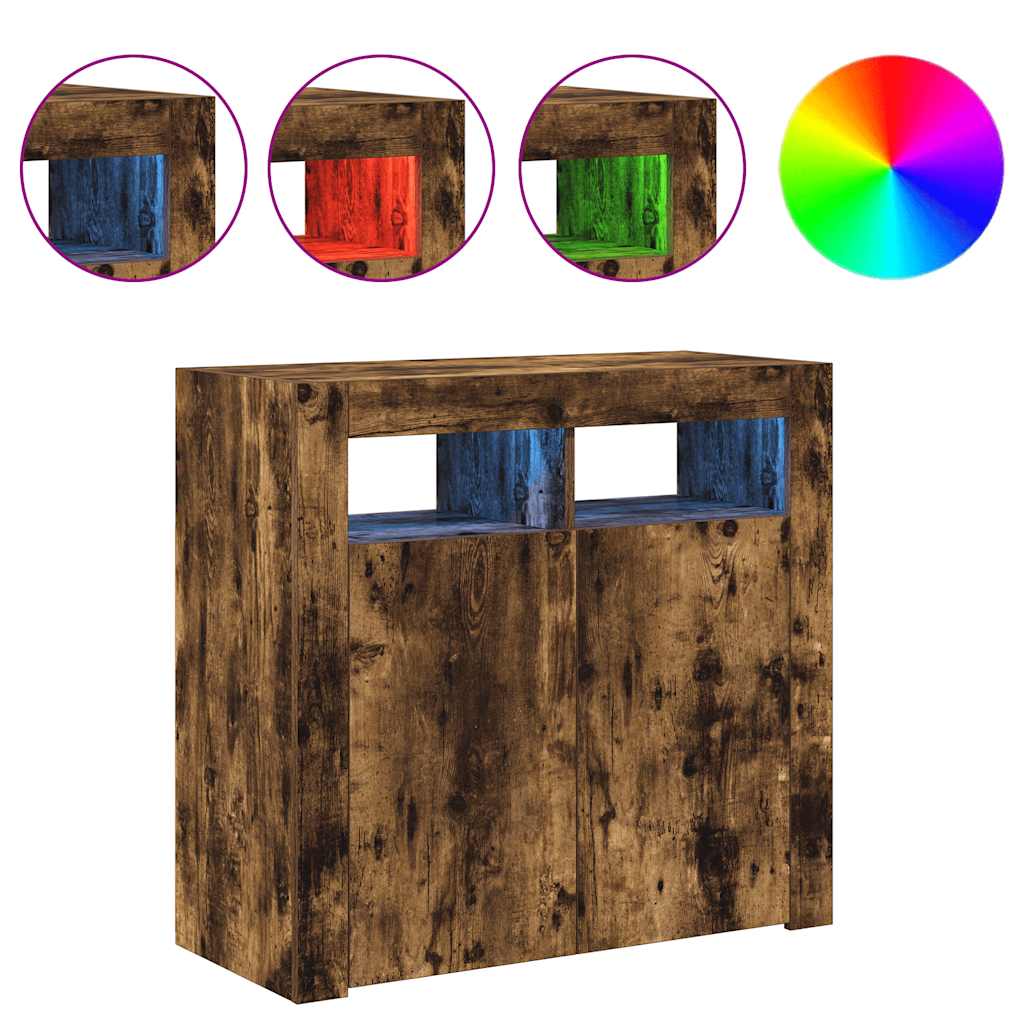 Aparador com luzes LED 80x35x75 cm carvalho fumado
