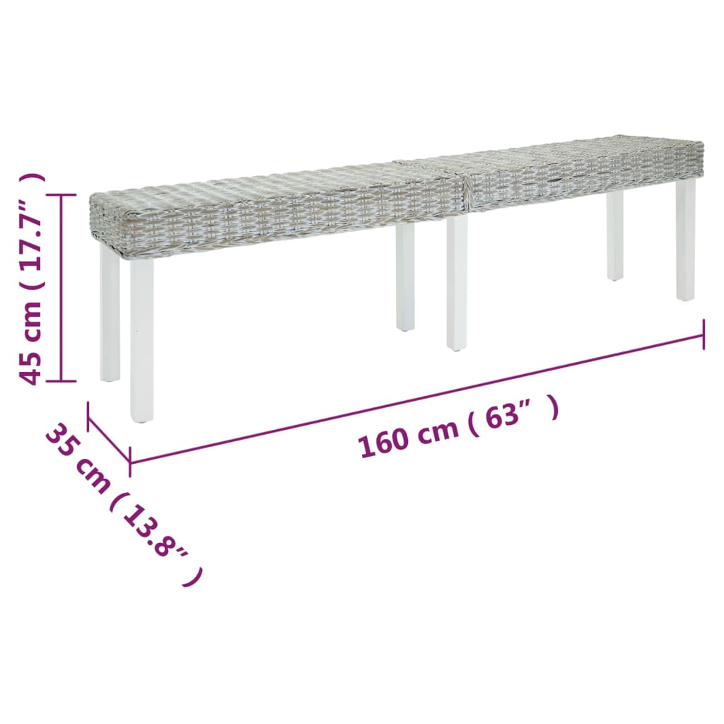 Banco 160x35x45 cm vime kubu natural/mogno maciça branco