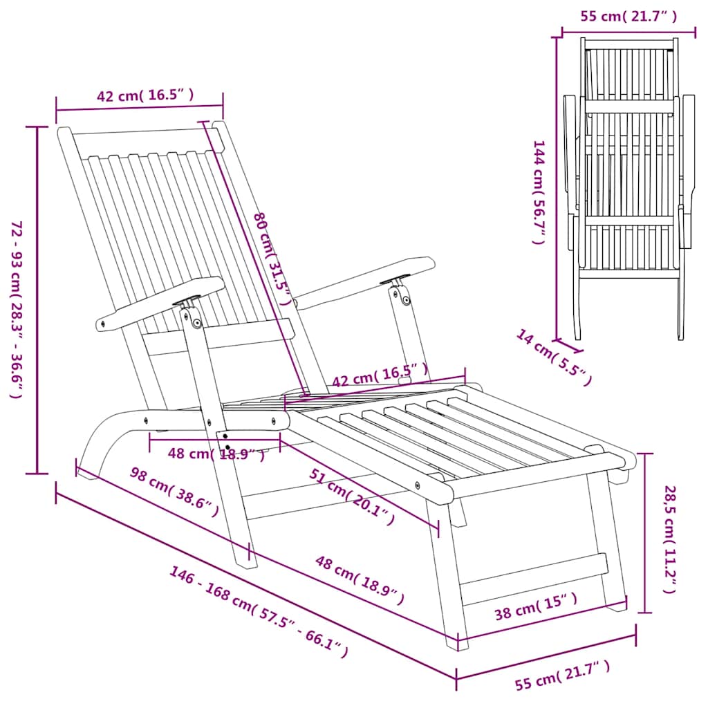 Espreguiçadeiras exterior c/ apoio pés/mesa 2 pcs acácia maciça