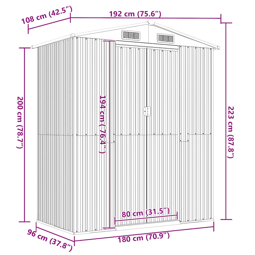 Abrigo de jardim 192x108x223 cm aço galvanizado cinzento-claro