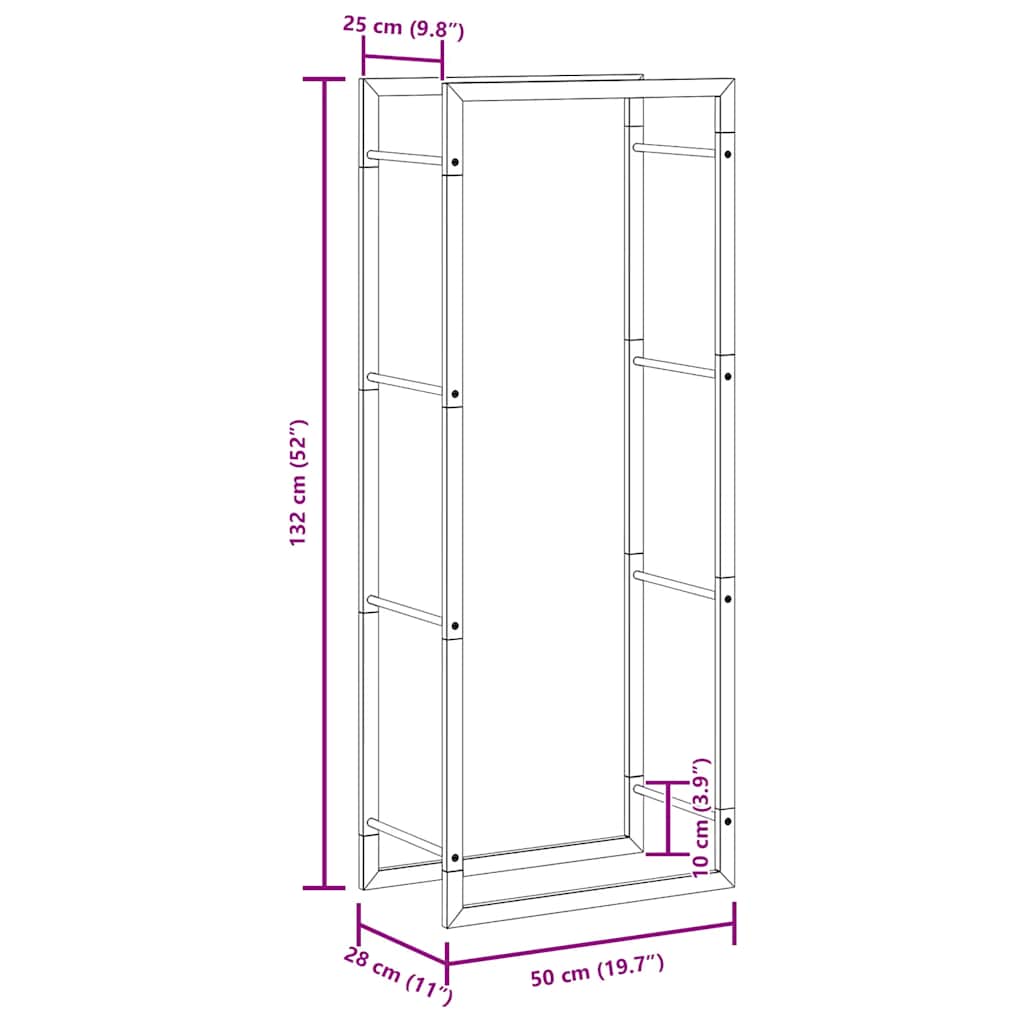 Suporte para lenha 50x28x132 cm aço preto mate