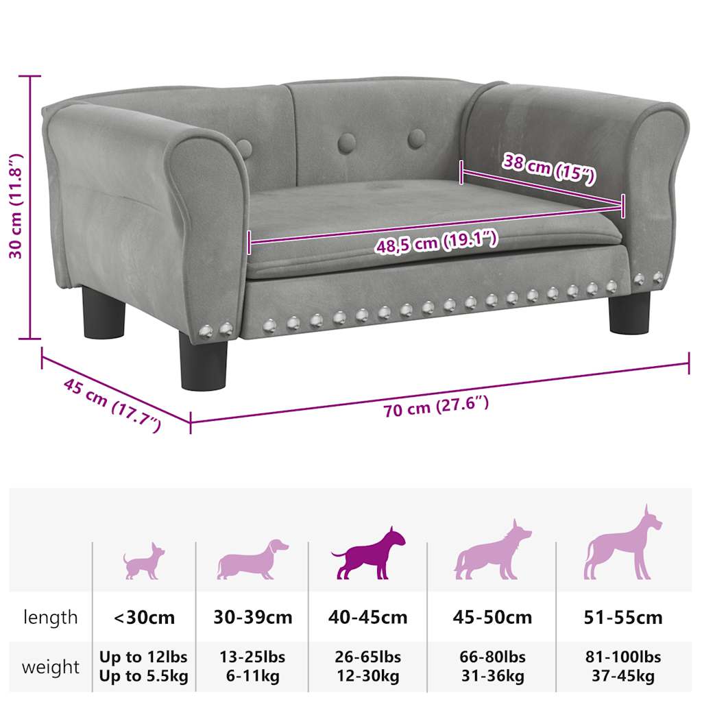 Cama para cães 70x45x30 cm veludo cinzento-claro