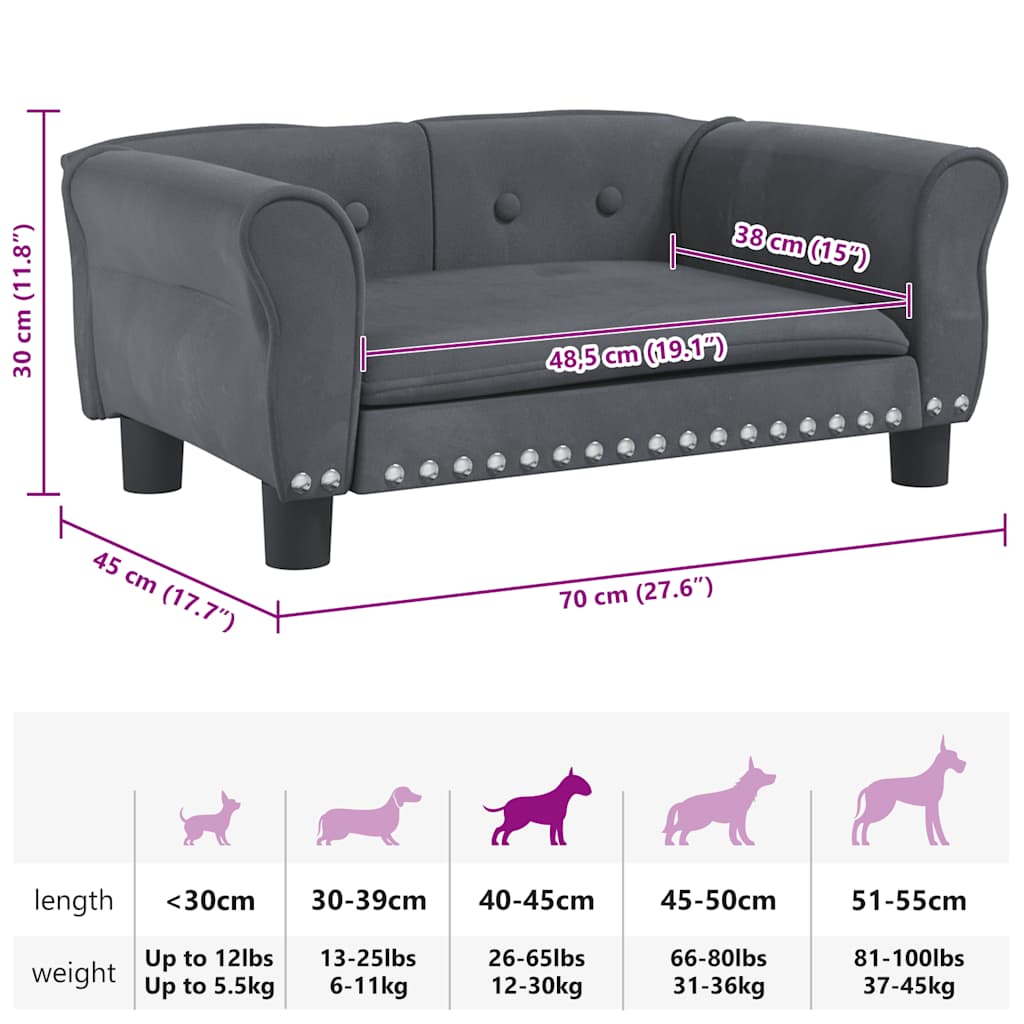 Cama para cães 70x45x30 cm veludo cinzento-escuro