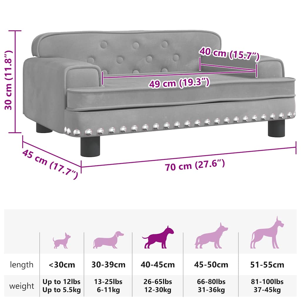 Cama para cães 70x45x30 cm veludo cinzento-claro