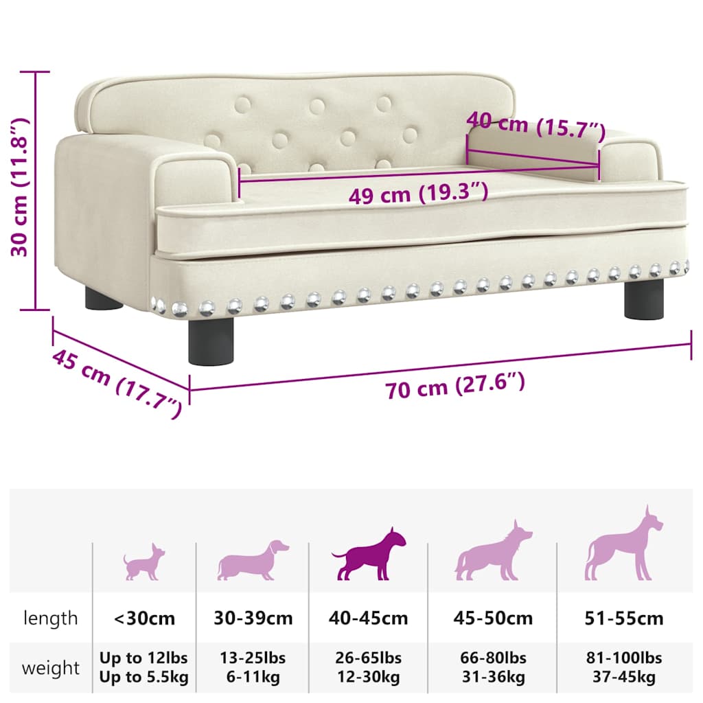Cama para cães 70x45x30 cm veludo cor creme